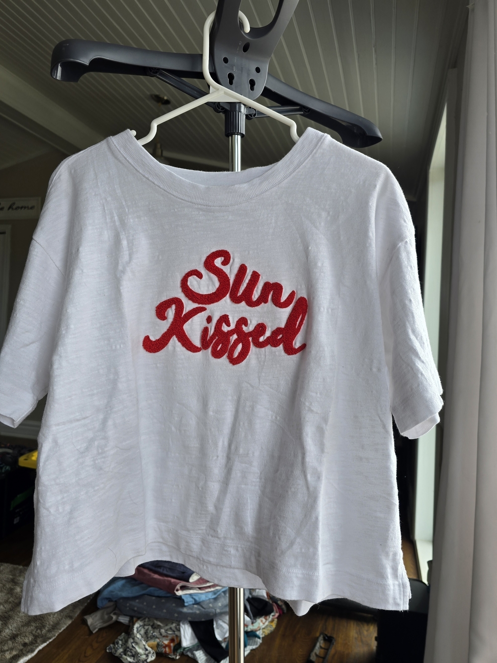 Women's White Short Sleeve Tee By LOU & GREY Red "Sun Kissed" Shag Script.SIZE M
